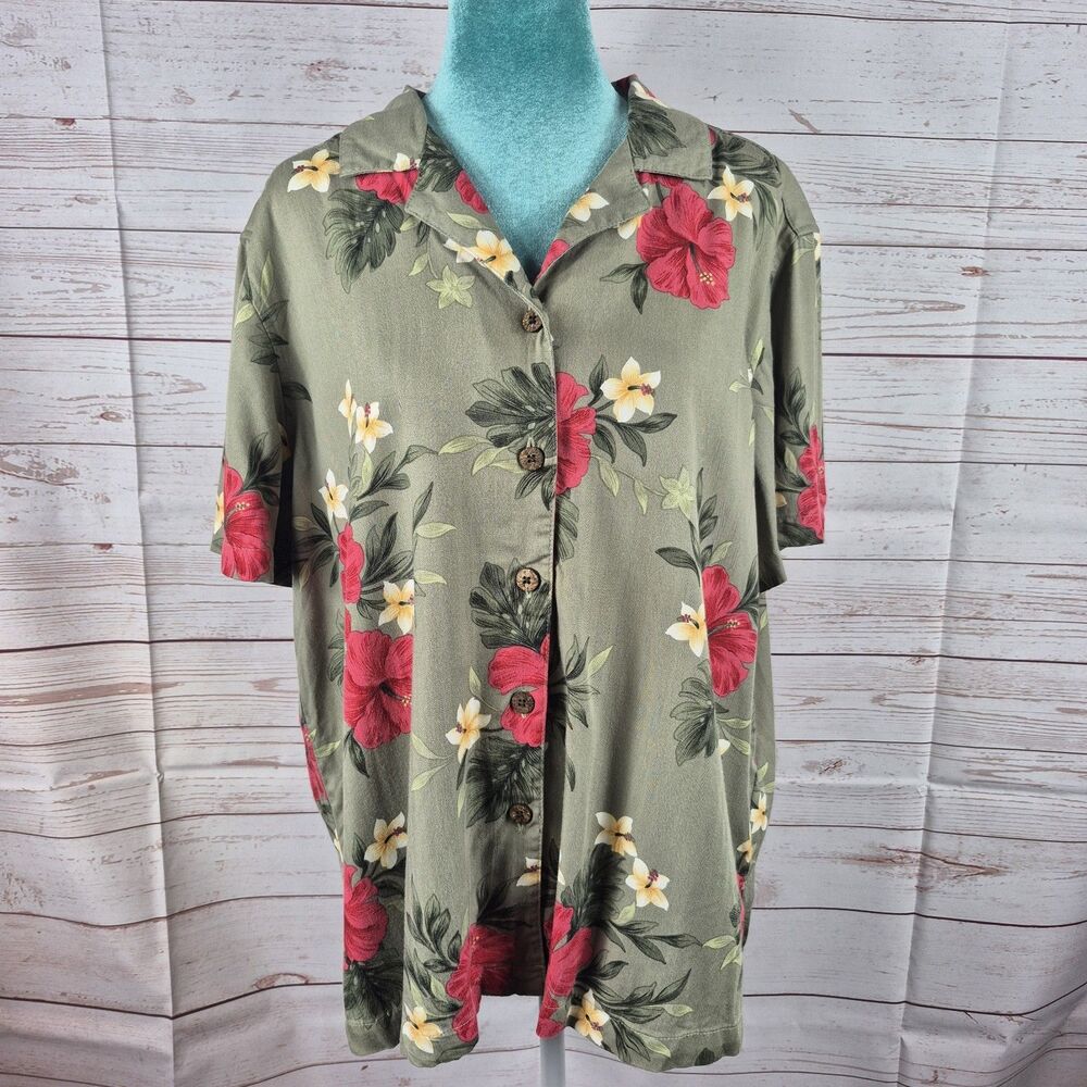 Havana Jacks Cafe Women's Sz 1X Green Top Hawaiian Shirt Button Up Beachy Aloha